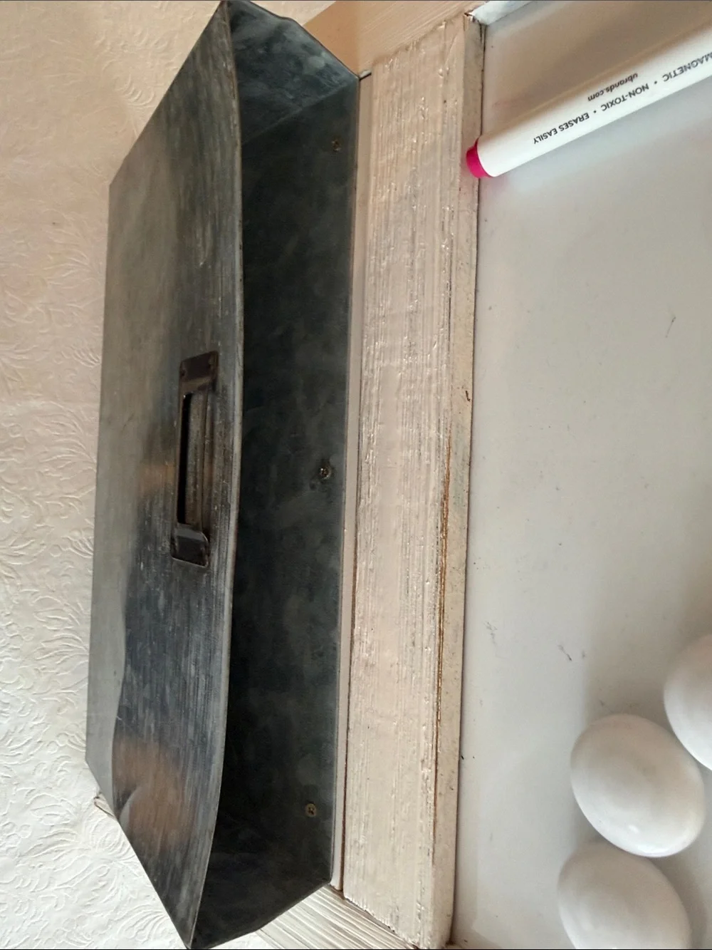 White Rustic Wall Organizer with Cork Board and Metal Pocket